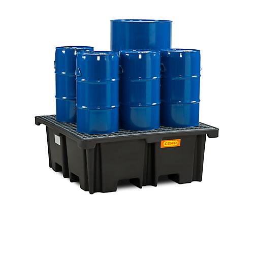 PE-Palettenauffangwanne CEMO 400/4 für 1 Industriepalette, L 1290 x B 1290 x H 480 mm, 400 l, für 4 x 200 l Fässer, Stahl-Gitterrost