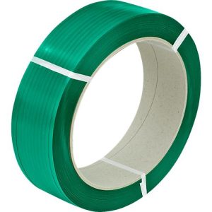 PET Polyesterband, L 1500 m x B 15,5 mm, Stärke 0,9 mm, Kern-Ø 406 mm, bis 534 kg, 100 % Recyclingmaterial, grün, geprägt