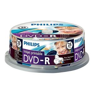 Philips DM4I6B25F – 25 x DVD-R – 4.7 GB (120 Min.) 16x – mit Tintenstrahldrucker bedruckbare Oberfläche – Spindel
