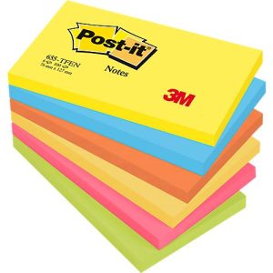 POST-IT Haftnotizen Notes 622-12SS-COS, 127 x 76 mm, wiederablösbar, cellophanfrei verpackt, farbsortiert, 6 x 100 Blatt