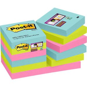 POST-IT Haftnotizen Super Sticky Notes Cosmic 622-12SS-COS, 48 x 48 mm, wiederablösbar, cellophanfrei verpackt, farbig, 12 x 90 Blatt
