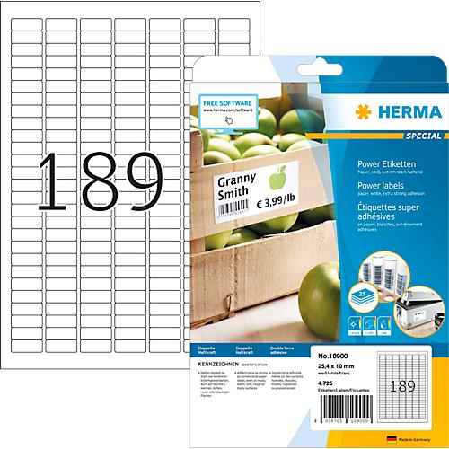 Power-Etiketten HERMA 10900, 25,4 x 10 mm, 4725 Etiketten / 25 A4-Blätter, selbstklebend, stark haftend, weiß