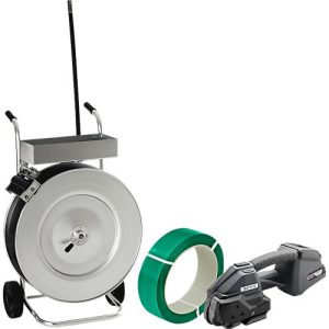 Profi-Umreifungsset, mit Abrollwagen vollverzinkt, Akku-Umreifungsgerät BXT3-16 & KU Polyesterband, L 1700 m x B 16 mm, Stärke 0,73 mm, geprägt, grün