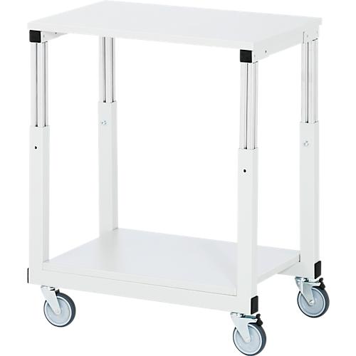Rau Tischwagen Serie E, 2 Etagen, Melaminplatten, Stahlrohr-Gestell, 4 TPE-Lenkrollen, B 700 x T 500 x H 650-1000 mm, bis 450 kg, lichtgrau