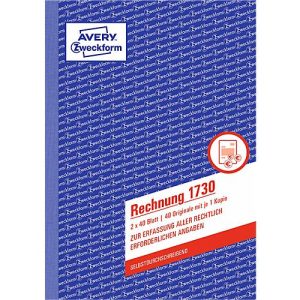 Rechnung Avery Zweckform 1730, Format A5, 1 Buch mit 2 x 40 Blatt, FSC®-Papier, weiß/gelb