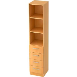 Regal 5 OH, 2 Böden, 4 Schubladen, Metall-Teleskopauszug, B 406 mm, Buche-Dekor