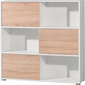 Regal Home Office, 3 Ordnerhöhen, mit Schiebetüren, B 1200 x T 350 x H 1190 mm, Spanplatte, Korpus weiß, Front Sonoma Eiche