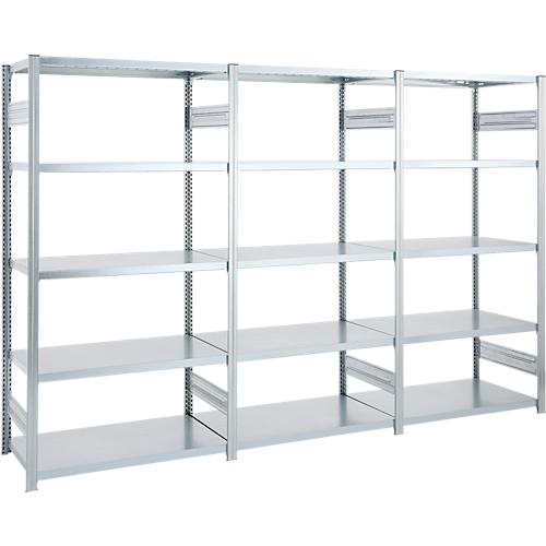 Regalkombination ORDO Industry, 1 Grundregal + 2 Anbauregale, 15 Fachböden, modular, Fachlast 140 kg, Feldlast 1000 kg, B 3080 x T 835 x H 2500 mm, verzinkt