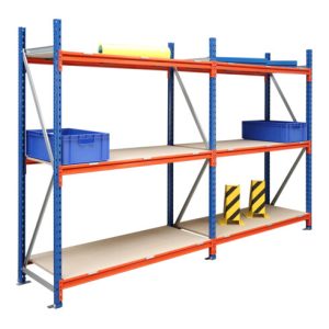 Regalwerk EMMA Weitspannregal Holzeinlage Grundfeld HxBxT 3000x1500x1000 mm Rahmen RAL 5010