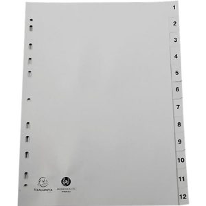 Register Exacompta 1912E, Format A4, Universallochung, Taben 1-12, B 225 x H 297 mm, Blauer Engel, Recycling-Kunststoff, grau Register Exacompta 1912E, Format A4, Universallochung, Taben 1-12, B 225 x H 297 mm, Blauer Engel, Recycling-Kunststoff, grau