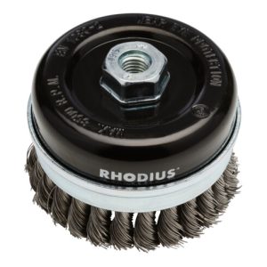 Rhodius Stahl-Topfbürste STBZ mit gezopftem Stahldraht für den Einsatz auf Winkelschleifern, 75 x 20 x M14 mm