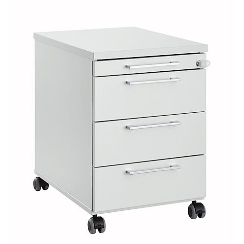 Rollcontainer 1333, 3 Schübe & 1 Utensilienauszug, abschließbar, eckige Griffe, Holz/Stahl/Kunststoff, B 434 x T 600 x H 613 mm, lichtgrau