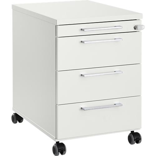Rollcontainer 1333, 3 Schübe & 1 Utensilienauszug, abschließbar, eckige Griffe, Holz/Stahl/Kunststoff, B 434 x T 600 x H 613 mm, weiß