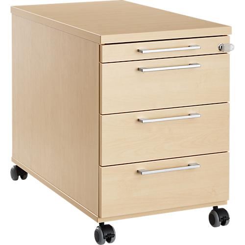 Rollcontainer 1333, 3 Schübe & 1 Utensilienauszug, abschließbar, eckige Griffe, Holz/Stahl/Kunststoff, B 434 x T 800 x H 613 mm, Ahorn-Dekor