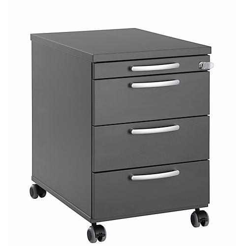 Rollcontainer 1333, 3 Schübe & 1 Utensilienauszug, abschließbar, runde Griffe, Holz/Stahl/Kunststoff, B 434 x T 600 x H 613 mm, graphit