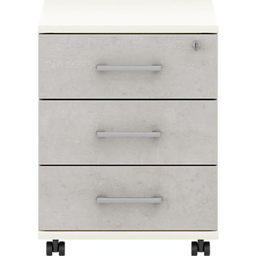 Rollcontainer 333 TEMPIO, aus Holz, 3 Schubkästen (1 mit Schloss), B 430 x T 500 x H 550 mm, weiß/Beton