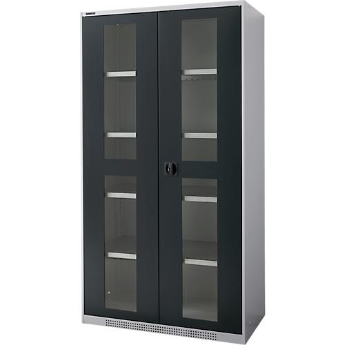 Schäfer Shop Genius Flügeltürenschrank FS, Stahl, Sichtfenster, Lüftungslöcher, B 1055 x T 520 x H 1950 mm, 5 OH, Weißalu/Anthrazitgrau, bis 500 kg