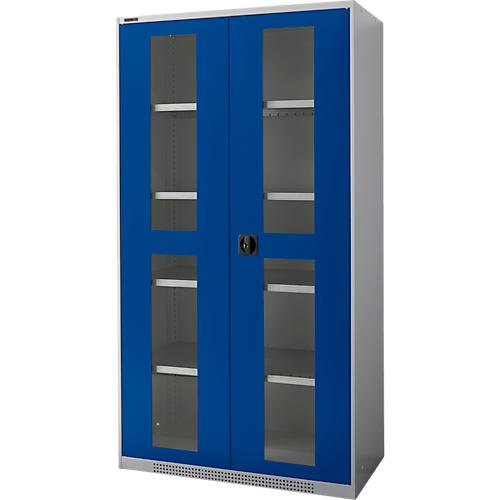 Schäfer Shop Genius Flügeltürenschrank FS, Stahl, Sichtfenster, Lüftungslöcher, B 1055 x T 520 x H 1950 mm, 5 OH, Weißalu/Enzianblau, bis 500 kg