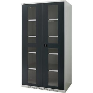 Schäfer Shop Genius Flügeltürenschrank FS, Stahl, Sichtfenster, Lüftungslöcher, B 1055 x T 620 x H 1950 mm, 5 OH, Lichtgrau/Anthrazitgrau, bis 500 kg