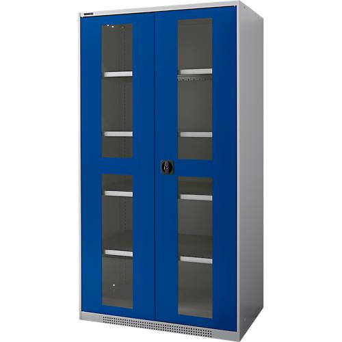 Schäfer Shop Genius Flügeltürenschrank FS, Stahl, Sichtfenster, Lüftungslöcher, B 1055 x T 620 x H 1950 mm, 5 OH, Weißalu/Enzianblau, bis 500 kg