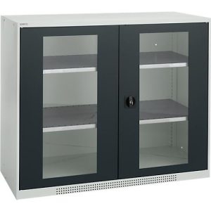 Schäfer Shop Genius Flügeltürenschrank FS, Stahl, Sichtfenster, Lüftungslöcher, B 1343 x T 520 x H 1105 mm, 3 OH, Lichtgrau/Anthrazitgrau, bis 450 kg