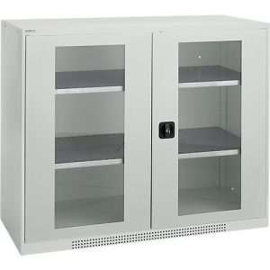 Schäfer Shop Genius Flügeltürenschrank FS, Stahl, Sichtfenster, Lüftungslöcher, B 1343 x T 520 x H 1105 mm, 3 OH, Lichtgrau/Lichtgrau, bis 450 kg