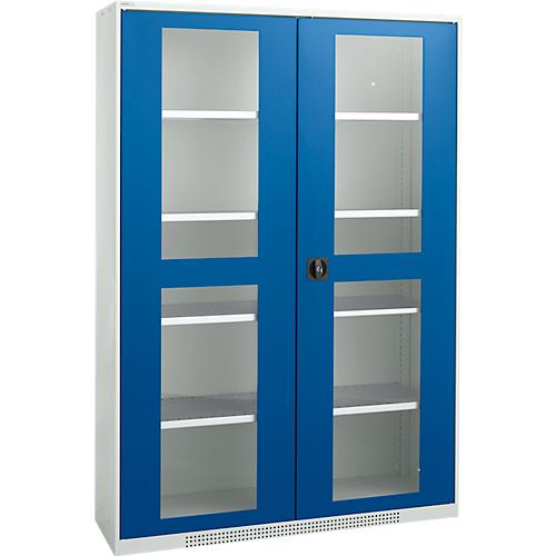 Schäfer Shop Genius Flügeltürenschrank FS, Stahl, Sichtfenster, Lüftungslöcher, B 1343 x T 520 x H 1950 mm, 5 OH, Lichtgrau/Enzianblau, bis 750 kg