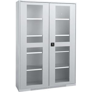 Schäfer Shop Genius Flügeltürenschrank FS, Stahl, Sichtfenster, Lüftungslöcher, B 1343 x T 520 x H 1950 mm, 5 OH, Weißalu/Weißalu, bis 750 kg Schäfer Shop Genius Flügeltürenschrank FS, Stahl, Sichtfenster, Lüftungslöcher, B 1343 x T 520 x H 1950 mm, 5 OH, Weißalu/Weißalu, bis 750 kg
