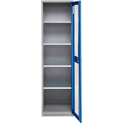 Schäfer Shop Genius Flügeltürenschrank FS, Stahl, Sichtfenster, Lüftungslöcher, B 545 x T 520 x H 1950 mm, 5 OH, Weißalu/Enzianblau, bis 250 kg