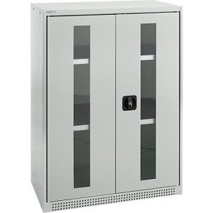 Schäfer Shop Genius Flügeltürenschrank FS, Stahl, Sichtfenster, Lüftungslöcher, B 810 x T 520 x H 1105 mm, 3 OH, Lichtgrau/Lichtgrau, bis 180 kg