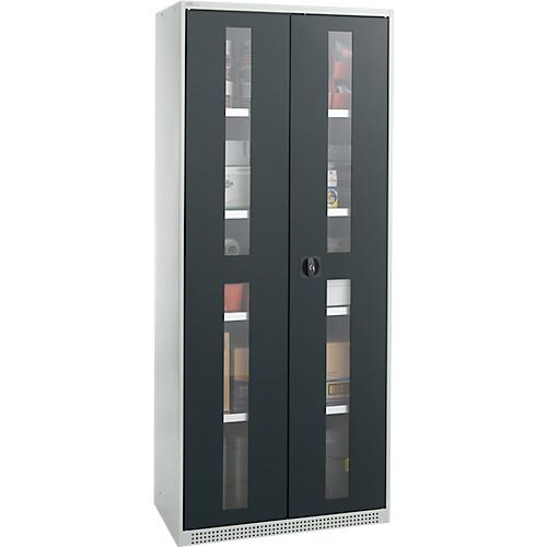 Schäfer Shop Genius Flügeltürenschrank FS, Stahl, Sichtfenster, Lüftungslöcher, B 810 x T 520 x H 1950 mm, 5 OH, Lichtgrau/Anthrazitgrau, bis 300 kg