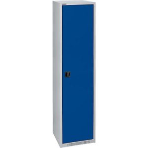 Schäfer Shop Genius Flügeltürschrank FS, 5 OH, abschließbar, 4 Fachböden, bis 250 kg, B 545 mm, Stahl, weißaluminium RAL 9006/enzianblau RAL 5010