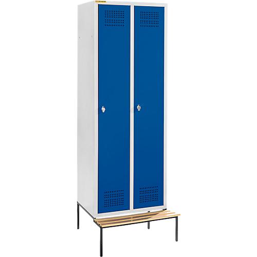 Schäfer Shop Genius Kleiderspind mit Sitzbank, 2 Abteile, 300 mm Abteilbreite, Sicherheitsdrehriegelverschluss, lichtgrau/enzianblau