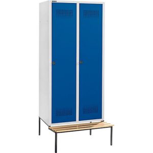 Schäfer Shop Genius Kleiderspind mit Sitzbank, 2 Abteile, 400 mm Abteilbreite, Sicherheitsdrehriegelverschluss, lichtgrau/enzianblau