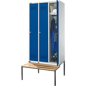 Schäfer Shop Genius Kleiderspind mit Sitzbank, 3 Abteile, 300 mm Abteilbreite, Zylinderschloss, lichtgrau/enzianblau