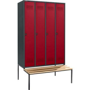 Schäfer Shop Genius Kleiderspind mit Sitzbank, 4 Abteile, 300 mm Abteilbreite, Sicherheitsdrehriegelverschluss, anthrazit/rubinrot