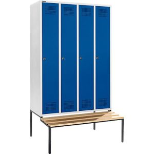 Schäfer Shop Genius Kleiderspind mit Sitzbank, 4 Abteile, 300 mm Abteilbreite, Zylinderschloss, lichtgrau/enzianblau Schäfer Shop Genius Kleiderspind mit Sitzbank, 4 Abteile, 300 mm Abteilbreite, Zylinderschloss, lichtgrau/enzianblau