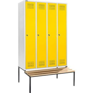 Schäfer Shop Genius Kleiderspind mit Sitzbank, 4 Abteile, 300 mm Abteilbreite, Zylinderschloss, lichtgrau/gelb