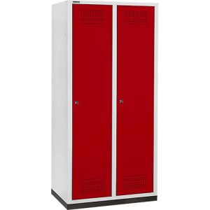 Schäfer Shop Genius Kleiderspind mit Sockel, 2 Abteile, 400 mm Abteilbreite, Zylinderschloss, lichtgrau/rubinrot Schäfer Shop Genius Kleiderspind mit Sockel, 2 Abteile, 400 mm Abteilbreite, Zylinderschloss, lichtgrau/rubinrot