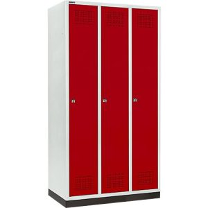 Schäfer Shop Genius Kleiderspind mit Sockel, 3 Abteile, 300 mm Abteilbreite, Zylinderschloss, rubinrot