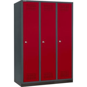 Schäfer Shop Genius Kleiderspind mit Sockel, 3 Abteile, 400 mm Abteilbreite, Zylinderschloss, anthrazit/rubinrot