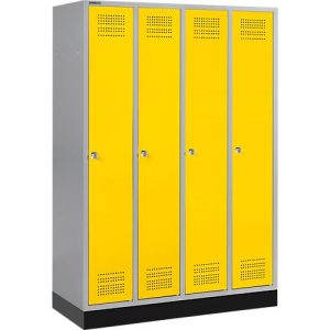Schäfer Shop Genius Kleiderspind mit Sockel, 4 Abteile, Zylinderschloss, weißaluminium/gelb
