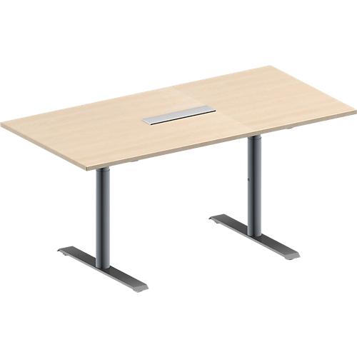 Schäfer Shop Genius Konferenztisch MODENA FLEX, 6-fach Anschluss, Rechteck, T-Fuß Rundrohr, B 1600 x T 800 x H 650-850 mm, Ahorn/weißalu