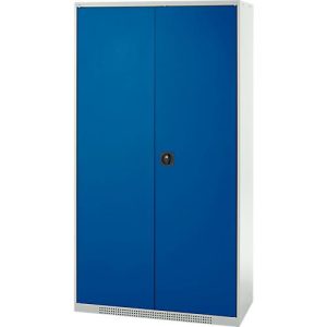 Schäfer Shop Genius Materialschrank FS, 5 OH, abschließbar, 4 Fachböden/12 Schübe, bis 450 kg, B 1055 x T 520 x H 1950 mm, Stahl, lichtgrau/enzianblau