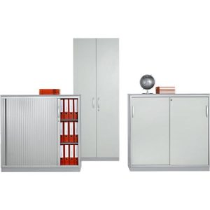 Schäfer Shop Genius Querrollladenschrank TETRIS SOLID, 3 OH, B 1200 x T 413 x H 1170 mm, mit Böden und Abdeckplatte, lichtgrau/weißalu
