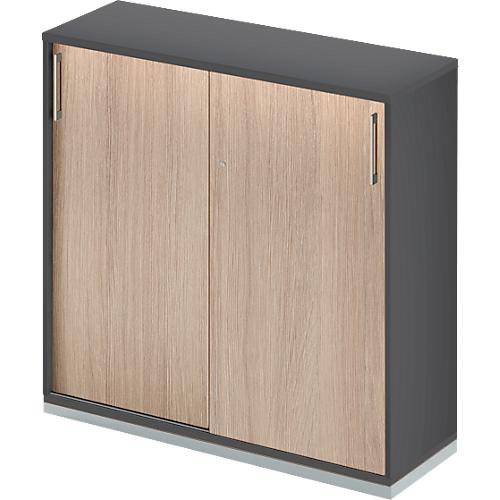 Schäfer Shop Genius Schiebetürenschrank TETRIS WOOD, 3 OH, B 1200 mm, inkl. Stahlsockel, graphit/Eiche