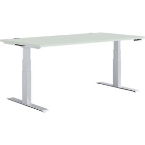 Schäfer Shop Genius Schreibtisch MODENA FLEX, elektrisch höhenverstellbar, Rechteck, T-Fuß, B 1600 x T 800 mm, lichtgrau/weißalu + Memorypanel