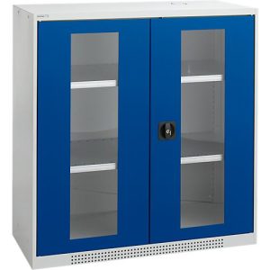 Schäfer Shop Genius Sichttürschrank FS, 3 OH, abschließbar, 2 Fachböden, bis 450 kg, B 1055 mm, Stahl, lichtgrau RAL 7035/enzianblau RAL 5010