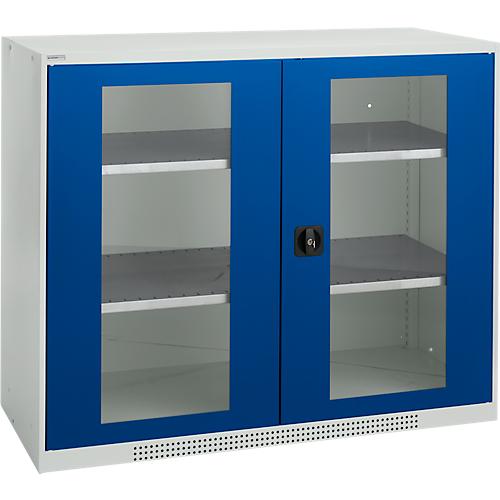 Schäfer Shop Genius Sichttürschrank FS, 3 OH, abschließbar, 2 Fachböden, bis 450 kg, B 1343 mm, Stahl, lichtgrau RAL 7035/enzianblau RAL 5010