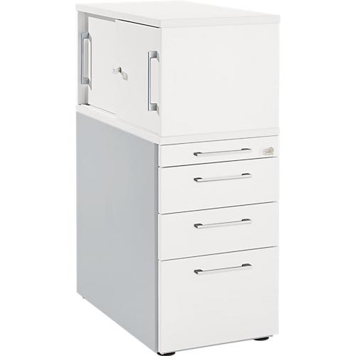 Schäfer Shop Genius Standcontainer mit Aufsatzschrank inkl. Schiebetür, komplett abschließbar, eckiger Griff, weiß